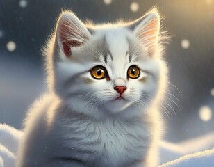 Chaton blanc dans la neige,gros plan