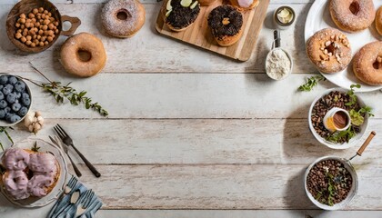 Copy Space image of Variety of donuts over a rustic background shot from overhead