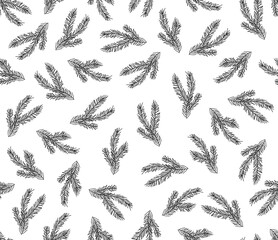 Seamless monochrome pattern with fir branches in doodle style. Vector illustration.