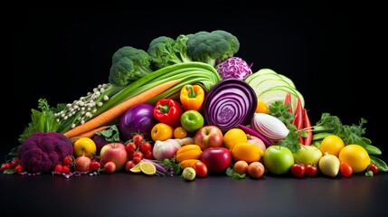 vibrant rainbow of fresh organic fruits and vegetables – nutrient-rich produce in spectacular array
