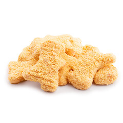 Golden chicken nuggets isolated on white background. Fried crunchy yellow pieces of chicken nuggets in heap.