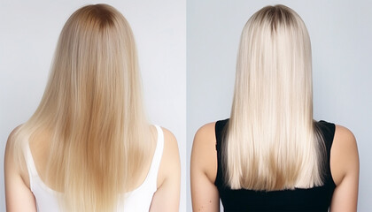 Young blonde woman before and after visiting beauty salon with hair coloring and hair cut. Hair salon. Sick, cut healthy hair care keratin woman. Before and after treatment. isolated light background. - obrazy, fototapety, plakaty