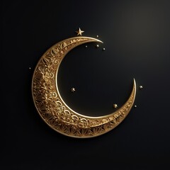 golden bright crescent moon on dark background with gold lights.