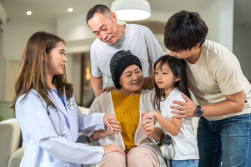 Portrait of smiling caring asian doctor service help support discussing and consulting taking care, caring, caregiver with senior elderly asian woman at home visit.senior retirement home care