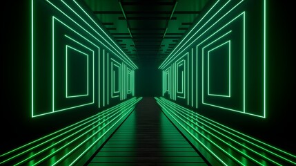A corridor with black bars and Green and white light behind it, in the style of optical geometry, 8k 3d, strong diagonals, neon lights, minimalist stage designs, zigzags, neon and fluorescent light 