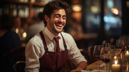 Obraz premium A Spanish waiter smiles as he pours red wine to a customer.