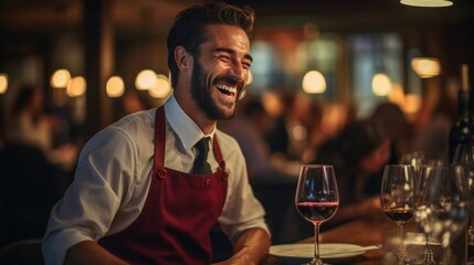 A Spanish waiter smiles as he pours red wine to a customer. - Powered by Adobe