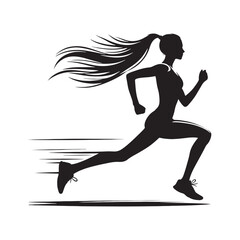 Running Woman Silhouette: Healthy Lifestyle - Fit Lady Jogging with Abstract Nature Elements - Minimallest Woman Running Black Vector
