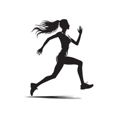 Fototapeta na wymiar Running Woman Silhouette: Urban Jogging - Active Lady Running through City Streets with Buildings - Minimallest Woman Running Black Vector 