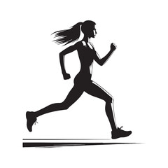 Running Woman Silhouette: Trail Running Adventure - Woman Jogging through Forest with Sun Peeking Through Trees - Minimallest Woman Running Black Vector
