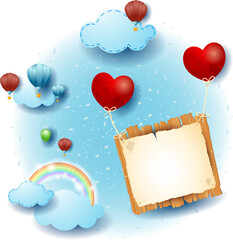 Fantasy landscape with flying sign and hearts, fairy tale. Vector illustration eps10