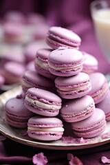 Obraz na płótnie Canvas purple macaron on a plate with milk, in the style of light white and light crimson created with Generative Ai
