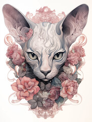 Beautiful hyperrealistic whimsical ink portrait of a sphynx cat decorated by flowers, pastel color palette
