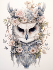 Beautiful hyperrealistic whimsical ink portrait of an owl decorated by flowers, pastel color palette