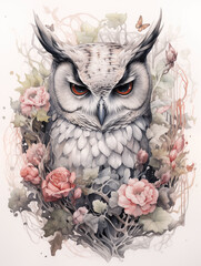 Beautiful hyperrealistic whimsical ink portrait of an owl decorated by flowers, pastel color palette