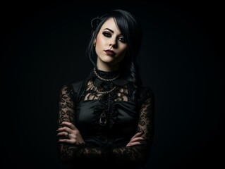 Gothic allure: a woman in black lace exuding mystery in a dark, eerie setting.