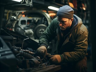 Fototapeta premium Mechanic working on car engine in garage