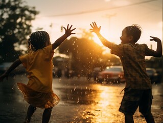 Children playing in the rain at sunset - 695326139