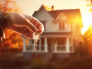 Hand holding key with house in background