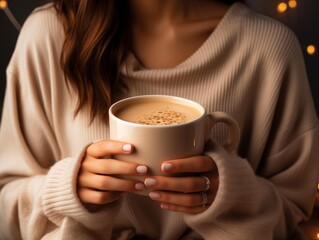 Woman holding a cup of coffee with bokeh lights in the background