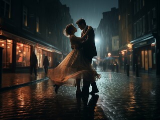 Couple dancing in the rain on a cobblestone street at night