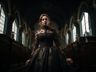 Woman in black dress standing in church aisle