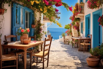 Greek culture with traditional white and blue greek architecture, taverna