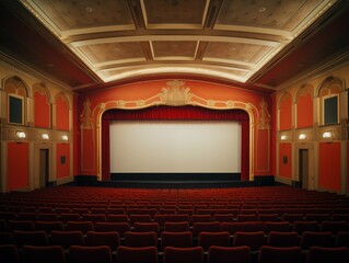 Vintage cinema hall with red seating