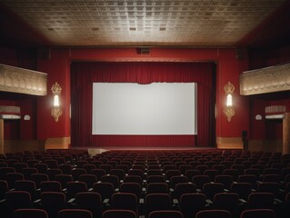 Empty movie theater with red curtains and ornate details - 695326933