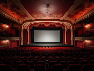 Old theater with red velvet seats and ornate decor