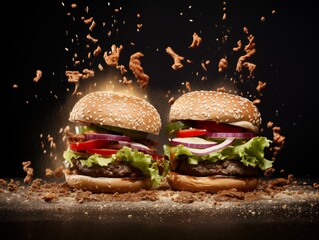 Two burgers with dynamic toppings against a dark backdrop