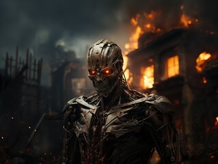 Futuristic robot with skull head in front of a blazing inferno