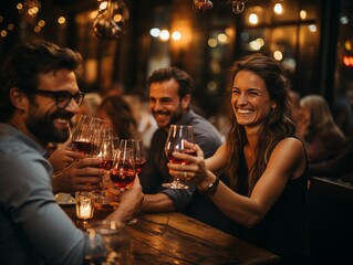 Group of friends enjoying wine in a cozy bar - 695327134