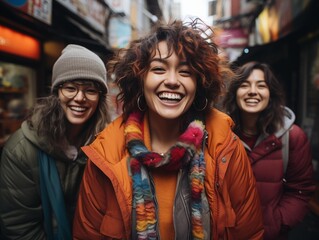 Group of friends walking down a busy street