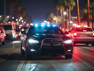 A police car with flashing lights on a bustling city street at night