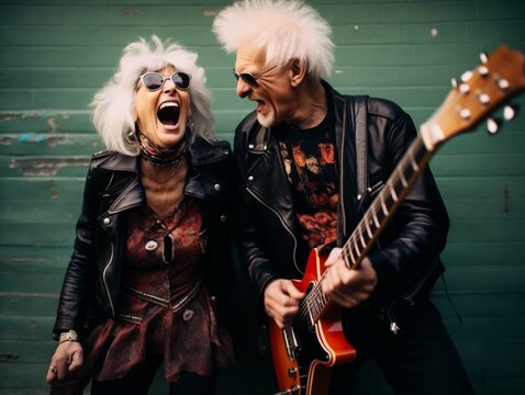 Two punk rockers with guitars posing in front of a green wall