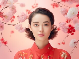 Fototapeta premium A woman in a red dress with cherry blossom branches in the background