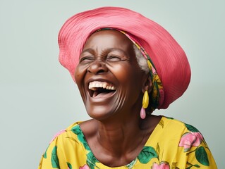 An elderly Jamaican woman in a pink headwrap and yellow earrings