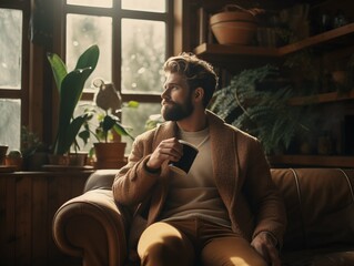 A man, relaxing indoors with a cup of coffee, surrounded by plants - 695327901