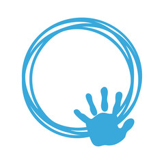 Anuncio de llegada de bebé niño. Palma de niño. Marco circular con líneas con silueta de huella de mano color azul para su uso en invitaciones y tarjetas © teracreonte