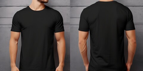 A retail clothing collage featuring a young man in a black T-shirt, showcasing front and back views. - Powered by Adobe