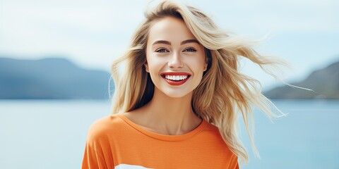 A young, elegant woman with red lipstick enjoys the mountain lake, radiating beauty and happiness.