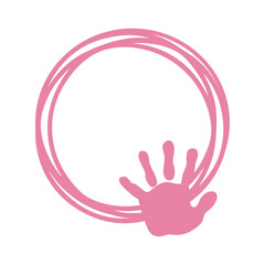 Anuncio de llegada de bebé niña. Palma de niña. Marco circular con líneas con silueta de huella de mano color rosa para su uso en invitaciones y tarjetas © teracreonte