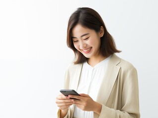 Fototapeta premium Smiling asian woman using smartphone