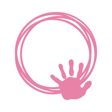 Anuncio de llegada de beb&eacute; ni&ntilde;a. Palma de ni&ntilde;a. Marco circular con l&iacute;neas con silueta de huella de mano color rosa para su uso en invitaciones y tarjetas