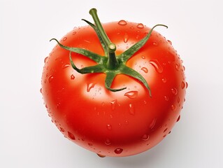 Top view of a dewy tomato with stem on a white backdrop