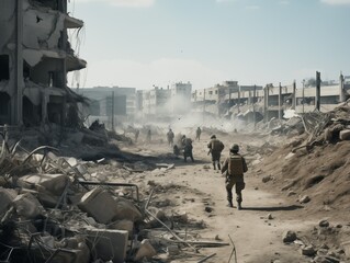 Soldiers walking through a war-torn cityscape
