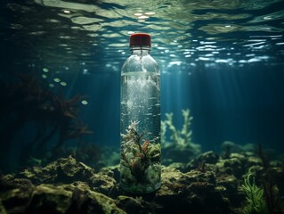 Clear water bottle submerged in a marine environment - 695328792