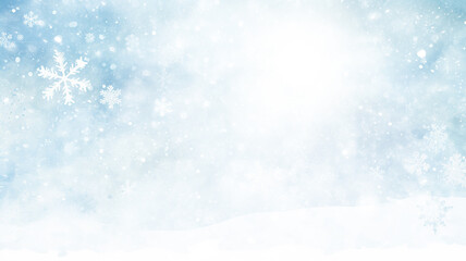 Naklejka premium light blue winter background with blurred white snowflakes, watercolor Christmas greeting form, an empty copy space in the cold colors of winter