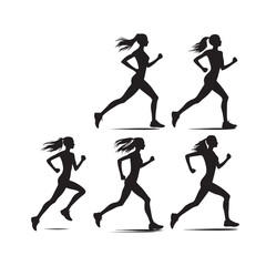 Set of running woman silhouette: Trail Running, Wilderness Adventure, and Outdoor Recreation Fitness - Minimallest woman running black vector set
